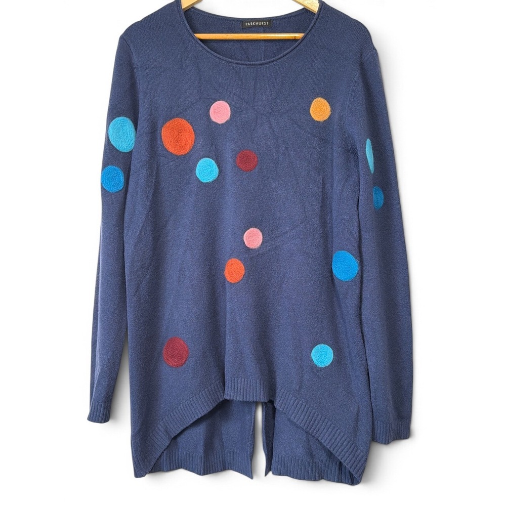 Parkhurst Navy Blue Felted Polka Dot Button Back High Low Sweater Tunic LARGE